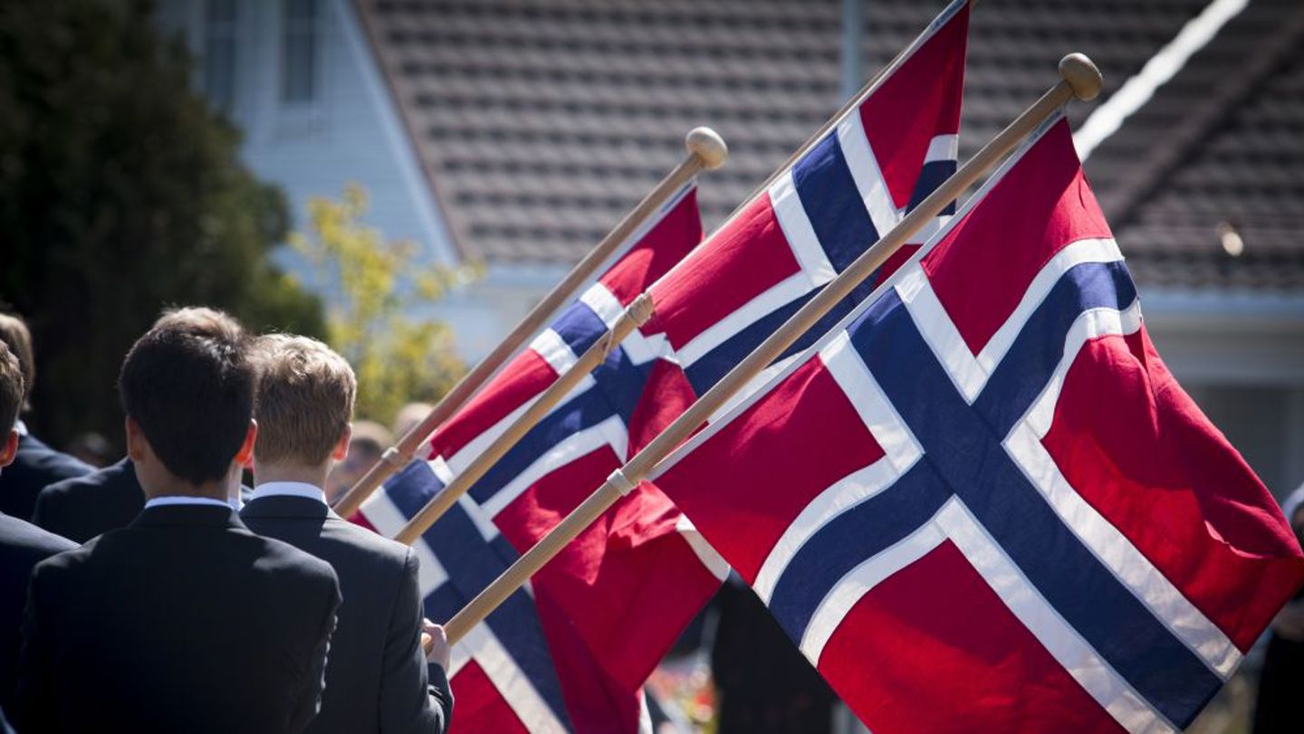 Bildet viser ryggen til gutter som går i tog og holder norske flagg. 